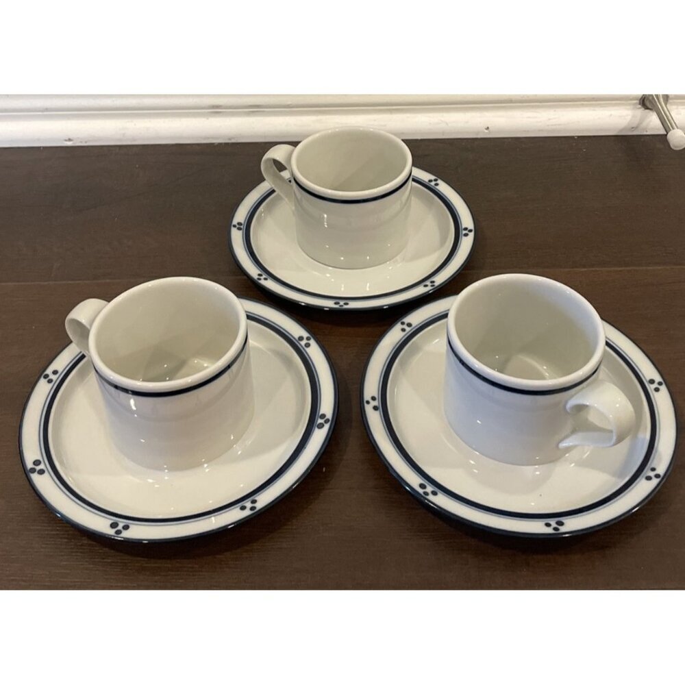 Dansk Bistro Fredriksborg Tea Cup Cups‎ Saucers Blue Dots Japan Set Of 3 VTG